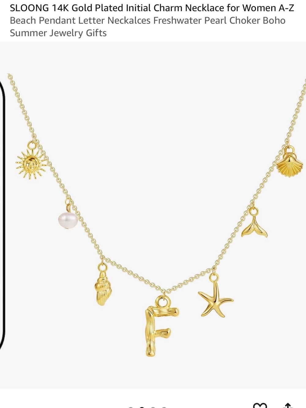 Gold Initial 'F' Charm Necklace with Pearl & Sea Charms - Picture 3 of 7